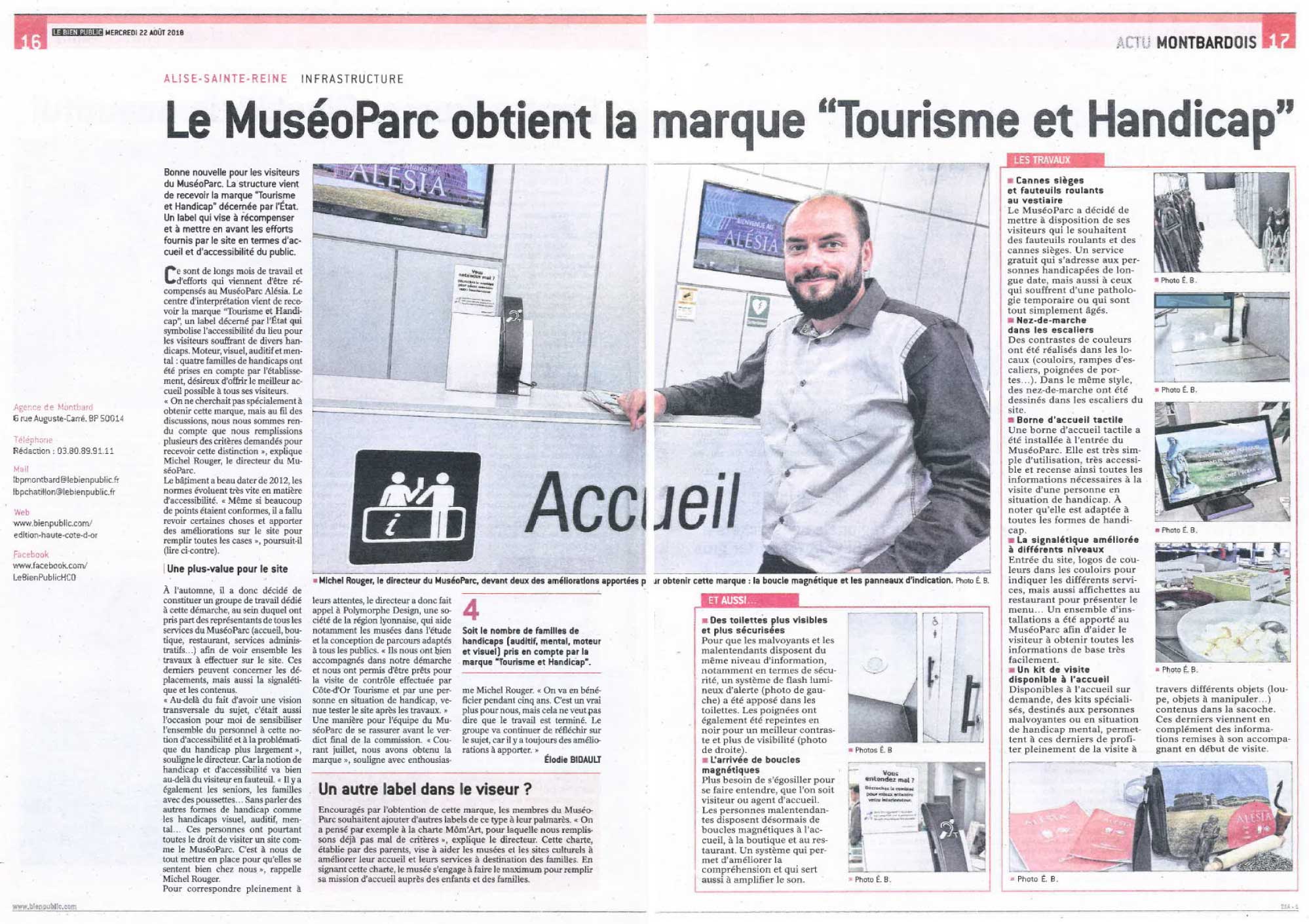 Article bien-public du 22 aout 2018 : La MuséoParc obtient la marque Tourisme et handicap